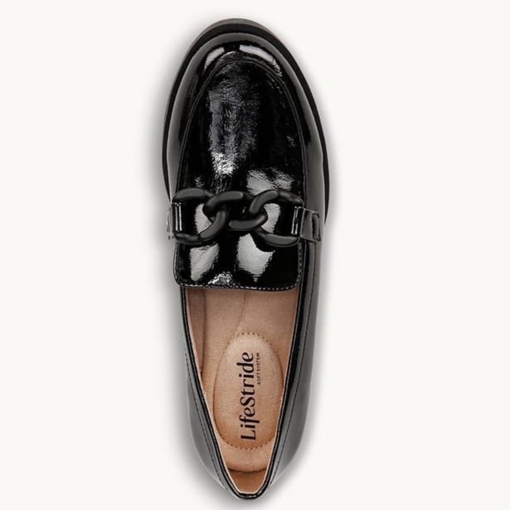LifeStride London 2 Black Crinkle Chain Loafer Lug Sole Shoes 7.5W WIDE New - Picture 9 of 11